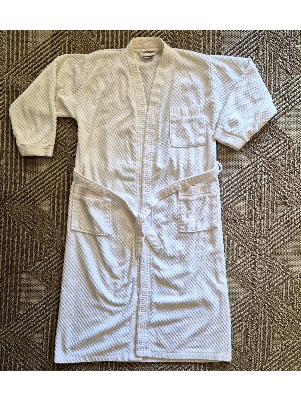Vintage Lillian Vernon Greek Key Cotton Robe Bathrobe White 100% Turkey